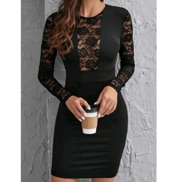 SHEIN Dresses & Skirts - SHEIN Elegant Solid Long Sleeve Bodycon Dress Sheer Panel And Sleeves Size M